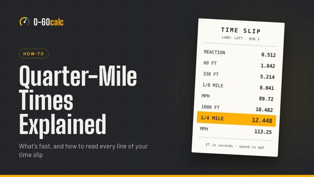 Example drag strip time slip showing reaction time, 60 ft, 330 ft, 1/8 mile, 1000 ft and quarter-mile ET and speed