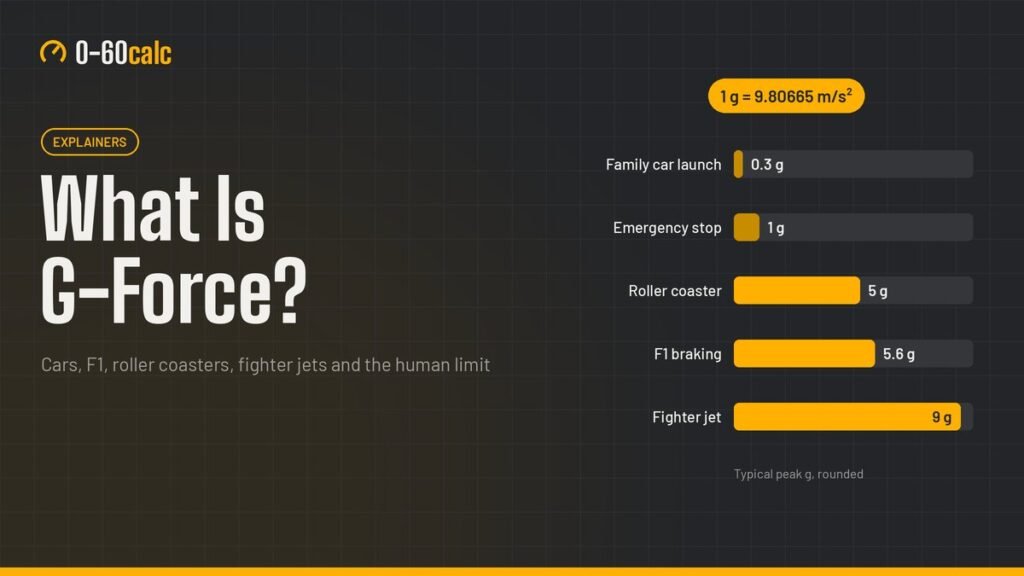 What Is G-Force? Bars comparing about 0.3 g in a family car launch, 1 g in an emergency stop, 5 g on a roller coaster, 5.6 g in F1 braking and 9 g in a fighter jet